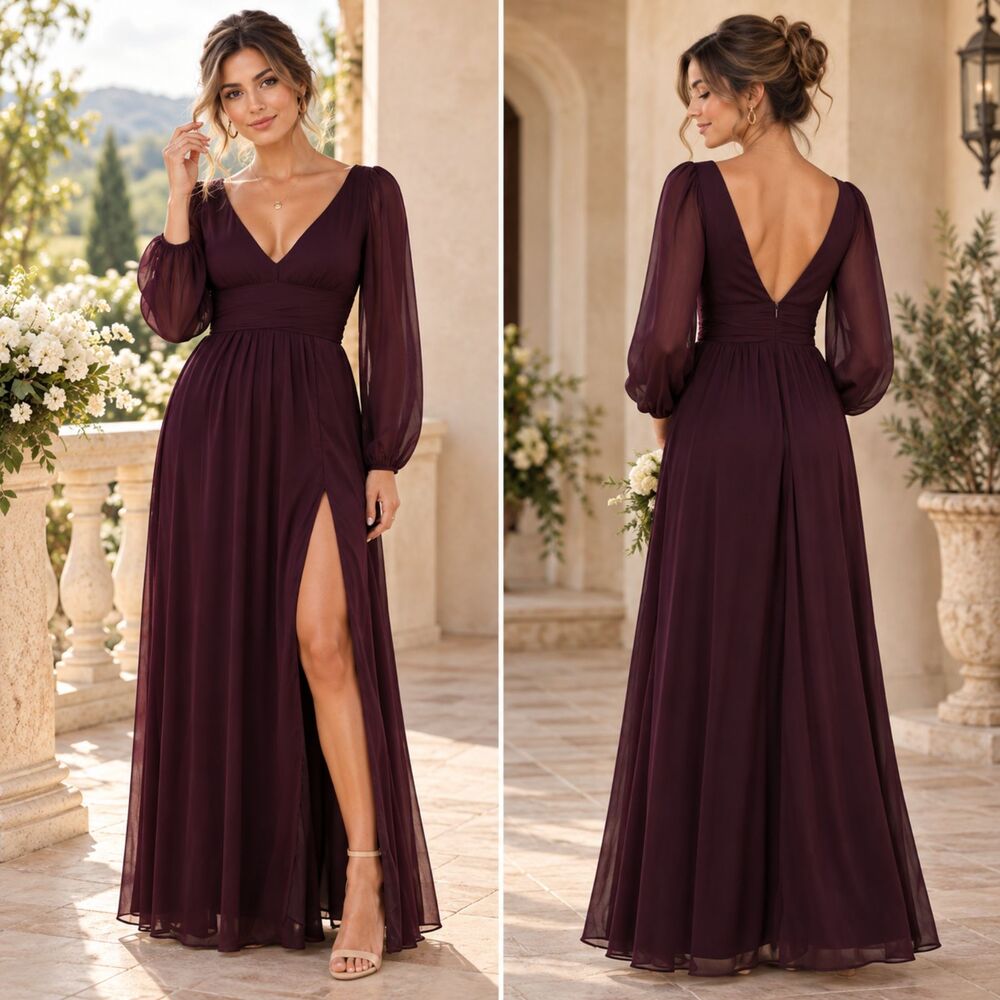 Lulus Enchant My Love Maxi Dress Dark Purple V Neck Long Sleeve Size L NWOT